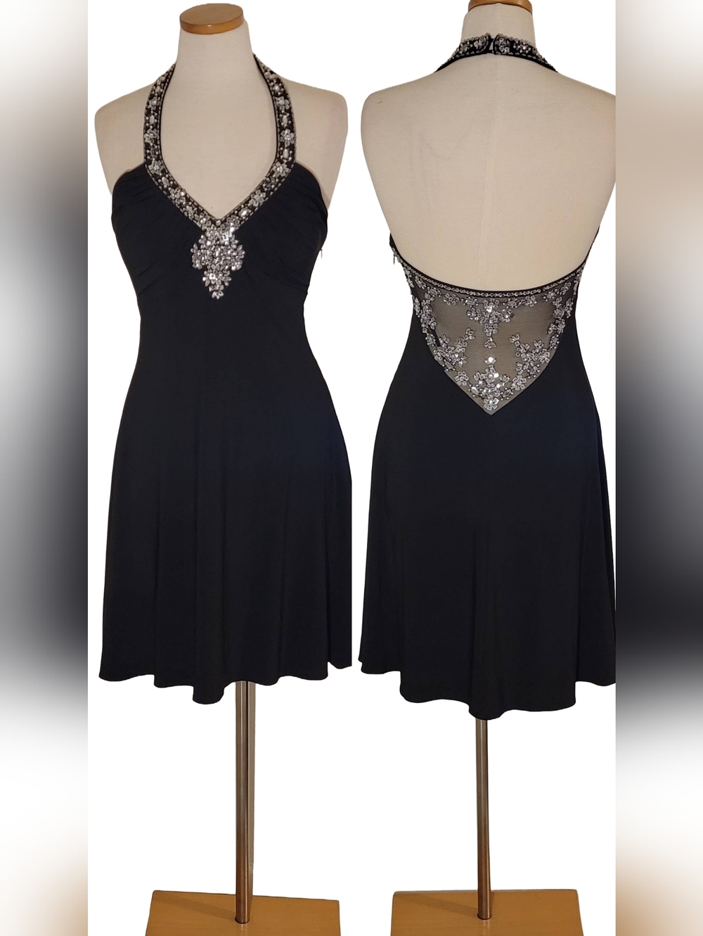 Betsy & Adam Halter Embellished Jeweled Rhinestone Babydoll Cocktail Dress